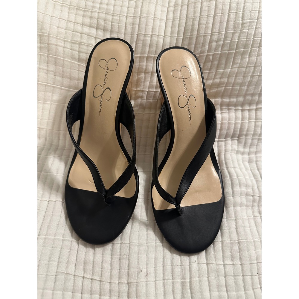 Y2K Jessica Simpson Black Leather Cork Wedge Thong Sandals COYRIE Size 8M 38.5